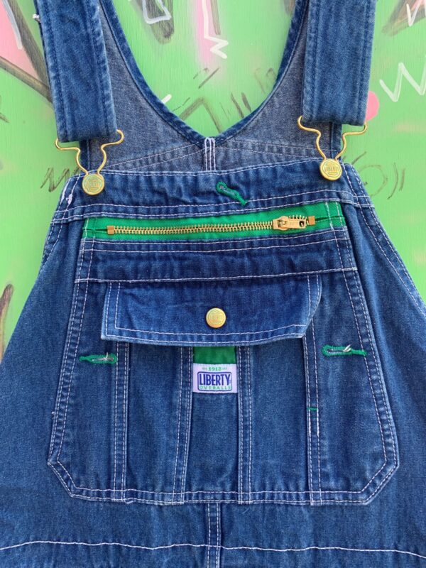 CLASSIC DARK DENIM OVERALLS GREEN TRIM ZIP FRONT POCKET