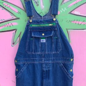 Photo detail:CLASSIC DARK DENIM OVERALLS GREEN TRIM ZIP FRONT POCKET