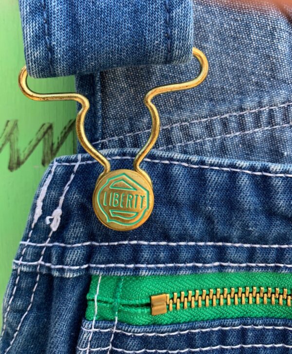 CLASSIC DARK DENIM OVERALLS GREEN TRIM ZIP FRONT POCKET