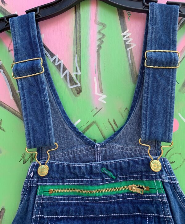 CLASSIC DARK DENIM OVERALLS GREEN TRIM ZIP FRONT POCKET