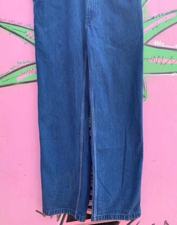CLASSIC DARK DENIM OVERALLS GREEN TRIM ZIP FRONT POCKET
