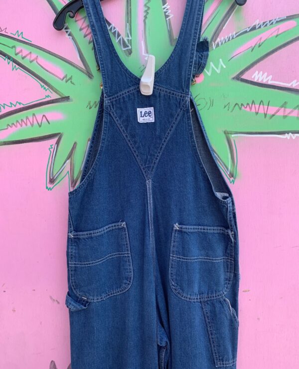 CLASSIC DARK DENIM OVERALLS GREEN TRIM ZIP FRONT POCKET
