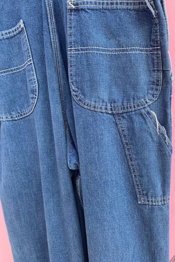 CLASSIC DARK DENIM OVERALLS GREEN TRIM ZIP FRONT POCKET