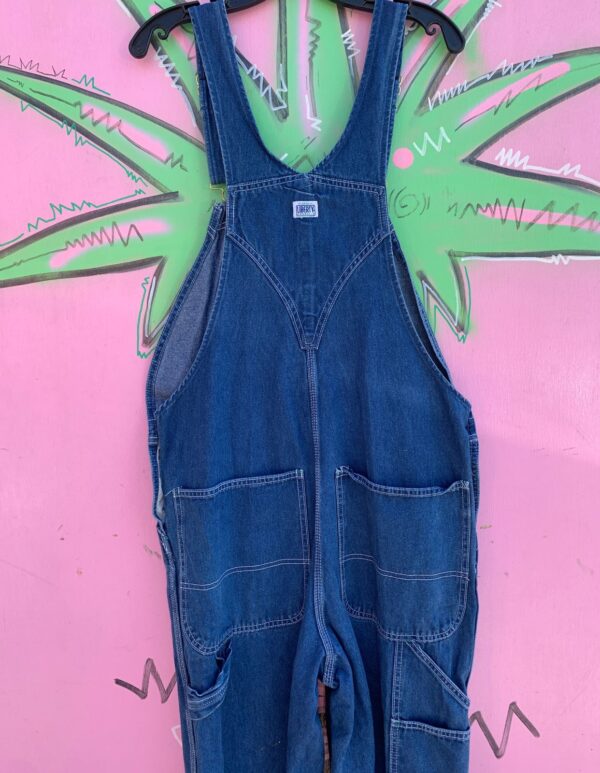 CLASSIC DARK DENIM OVERALLS GREEN TRIM ZIP FRONT POCKET