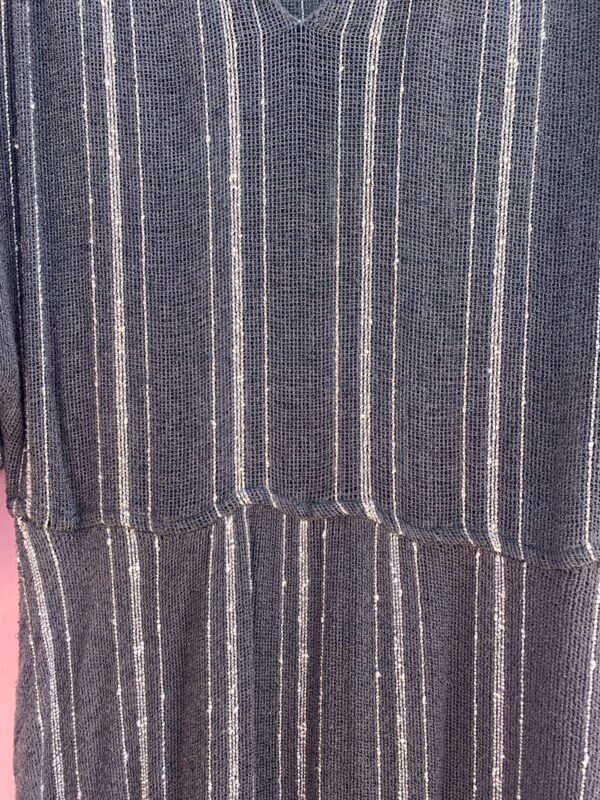 1970S MESH VERTICAL STRIPED DOLMAN SLEEVE BELTED DRESS