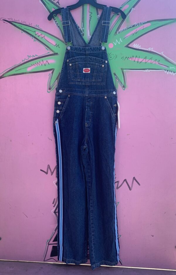 1990S DEADSTOCK DARK DENIM OVERALLS, RACING STRIPES - NWT