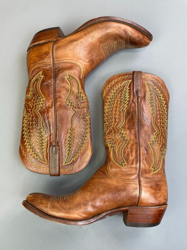 GORGEOUS! LEATHER COWBOY BOOTS COLORFUL YELLOW & GREEN FLAME STYLE STITCHING