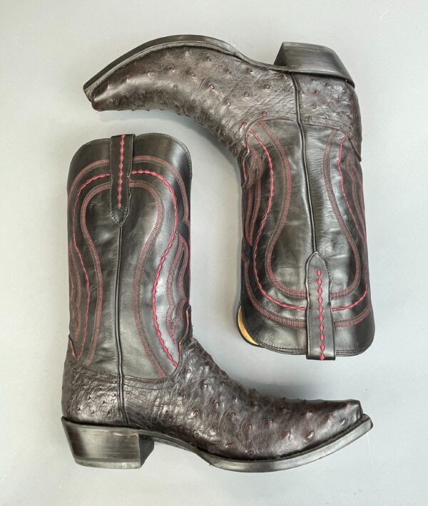 BLACK & OXBLOOD LEATHER COWBOY BOOTS OSTRICH FRONT PANEL, RED DECORATIVE STITCHING