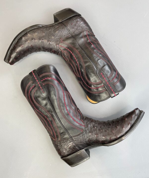 BLACK & OXBLOOD LEATHER COWBOY BOOTS OSTRICH FRONT PANEL, RED DECORATIVE STITCHING