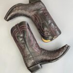 BLACK & OXBLOOD LEATHER COWBOY BOOTS OSTRICH FRONT PANEL, RED DECORATIVE STITCHING