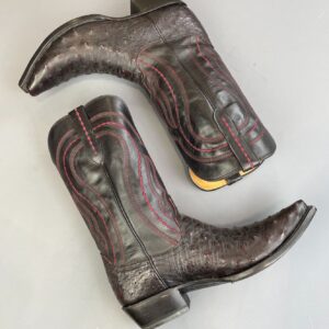 Photo detail:BLACK & OXBLOOD LEATHER COWBOY BOOTS OSTRICH FRONT PANEL, RED DECORATIVE STITCHING