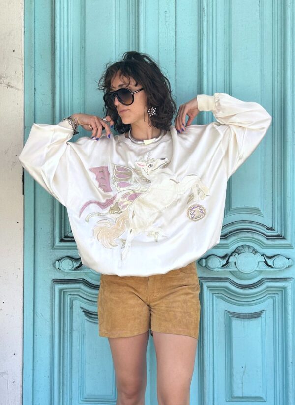 AS-IS WOW! 1980S 100% SILK UNICORN EMBROIDERED SWEATSHIRT, RIBBED COLLAR & CUFFS
