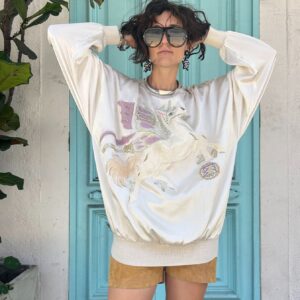 Photo detail:AS-IS WOW! 1980S 100% SILK UNICORN EMBROIDERED SWEATSHIRT, RIBBED COLLAR & CUFFS