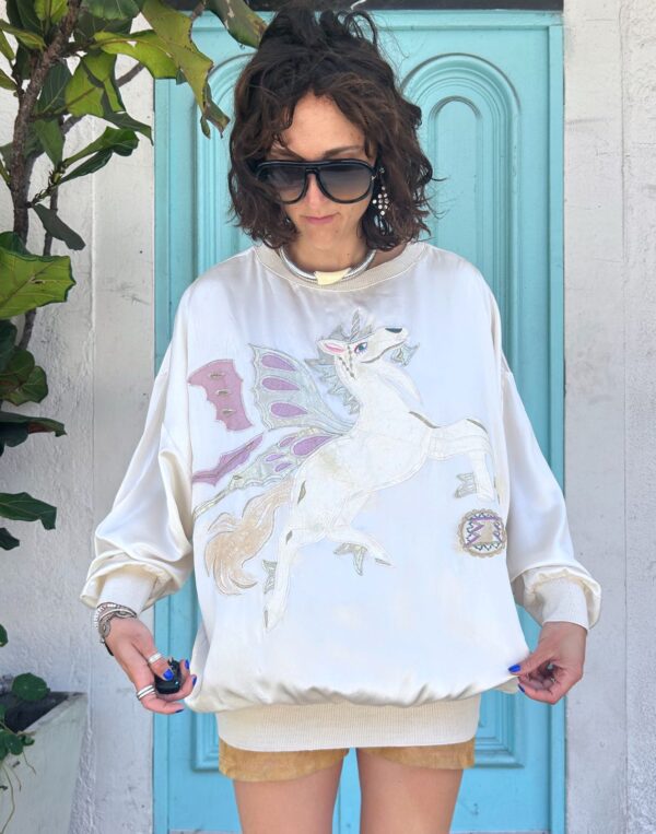 AS-IS WOW! 1980S 100% SILK UNICORN EMBROIDERED SWEATSHIRT, RIBBED COLLAR & CUFFS