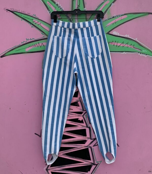 AS-IS BLUE & WHITE VERTICAL STRIPED STIR UP LEG HIGH WAISTED DENIM JEANS