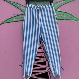 Photo detail:AS-IS BLUE & WHITE VERTICAL STRIPED STIR UP LEG HIGH WAISTED DENIM JEANS