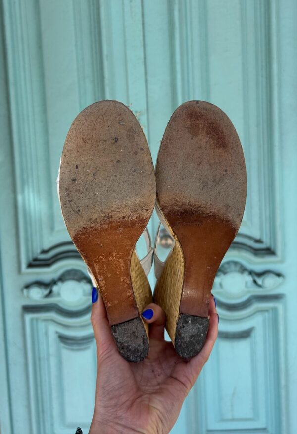 *AS IS* 1960S-70S LEATHER PEEP TOE BASKET WEAVE WEDGE SHOES ANKLE STRAP