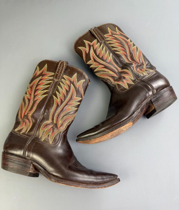 KILLER! PRIMARY COLOR STITCHING SHINY BLACK LEATHER ALMOND TOE COWBOY BOOTS