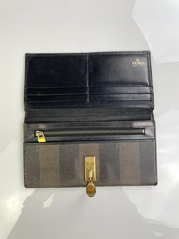 *AS-IS* FENDI ZUCCA STRIPED WALLET POLISHED LEATHER INTERIOR PLATED GOLD CLASP
