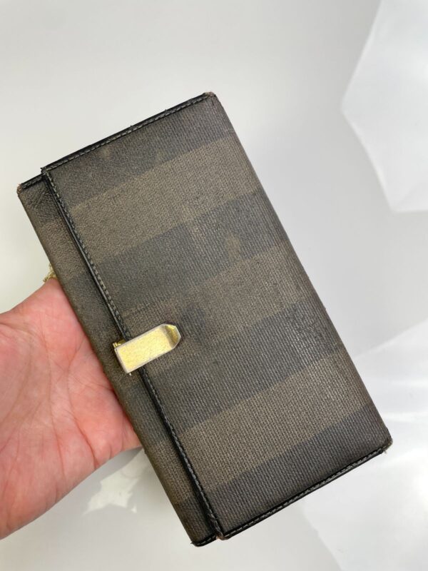 *AS-IS* FENDI ZUCCA STRIPED WALLET POLISHED LEATHER INTERIOR PLATED GOLD CLASP