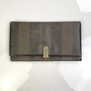 Photo detail:*AS-IS* FENDI ZUCCA STRIPED WALLET POLISHED LEATHER INTERIOR PLATED GOLD CLASP