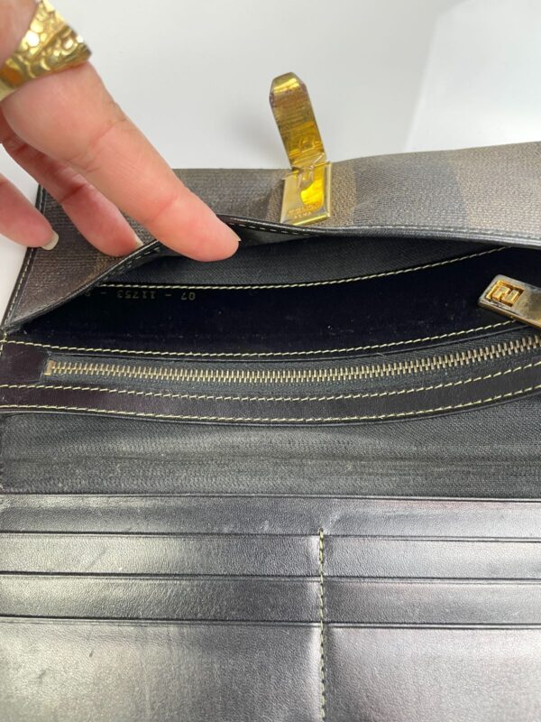 *AS-IS* FENDI ZUCCA STRIPED WALLET POLISHED LEATHER INTERIOR PLATED GOLD CLASP