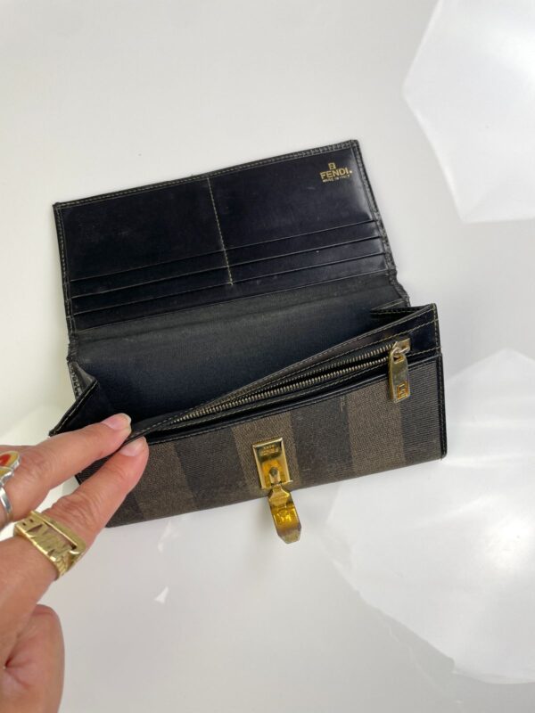*AS-IS* FENDI ZUCCA STRIPED WALLET POLISHED LEATHER INTERIOR PLATED GOLD CLASP