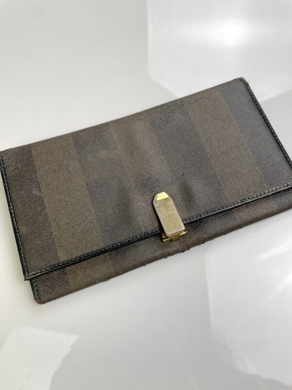 *AS-IS* FENDI ZUCCA STRIPED WALLET POLISHED LEATHER INTERIOR PLATED GOLD CLASP