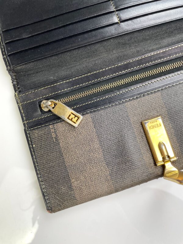 *AS-IS* FENDI ZUCCA STRIPED WALLET POLISHED LEATHER INTERIOR PLATED GOLD CLASP