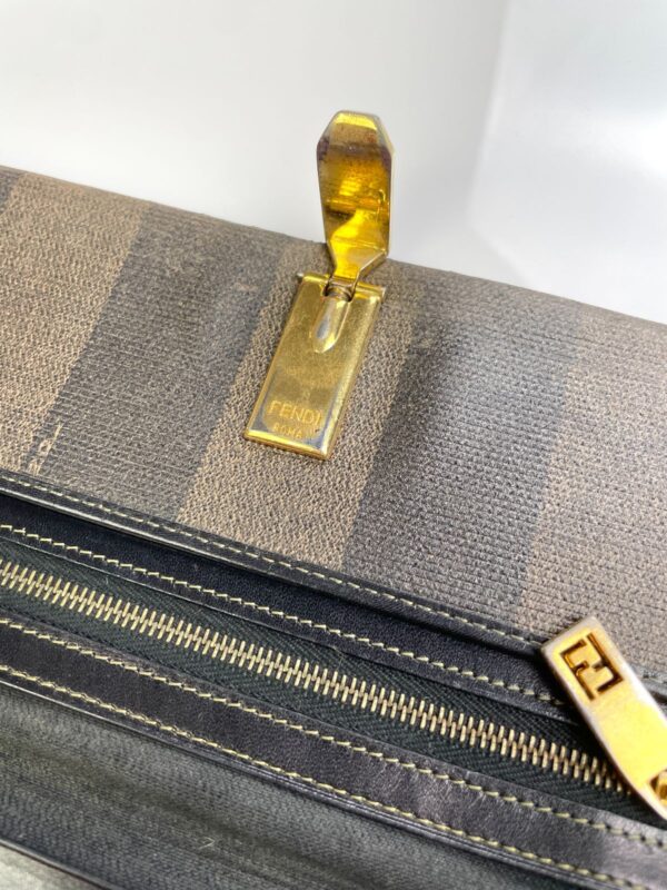 *AS-IS* FENDI ZUCCA STRIPED WALLET POLISHED LEATHER INTERIOR PLATED GOLD CLASP
