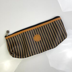 Photo detail:*AS-IS* FENDI ZUCCA STRIPED ZIPPER MAKEUP POUCH, EMBOSSED LEATHER LOGO & GOLD LOCK ZIPPER PULL
