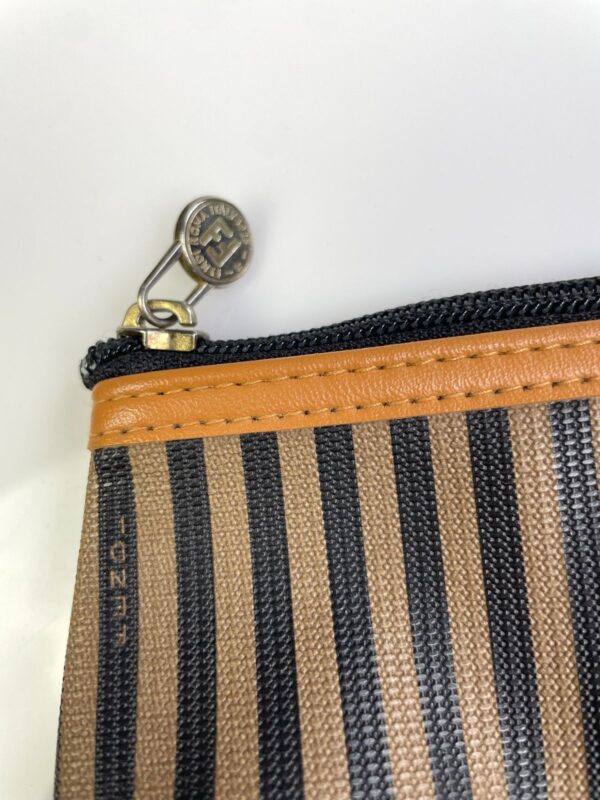 *AS-IS* FENDI ZUCCA STRIPED ZIPPER MAKEUP POUCH, EMBOSSED LEATHER LOGO & GOLD LOCK ZIPPER PULL