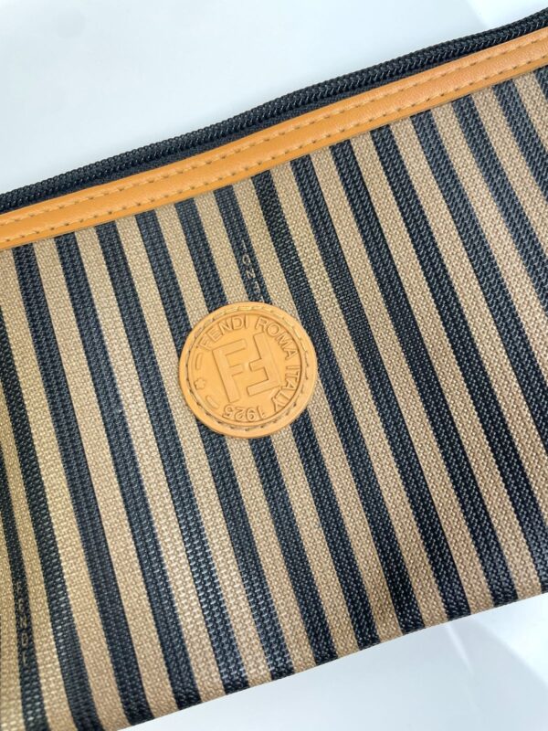 *AS-IS* FENDI ZUCCA STRIPED ZIPPER MAKEUP POUCH, EMBOSSED LEATHER LOGO & GOLD LOCK ZIPPER PULL