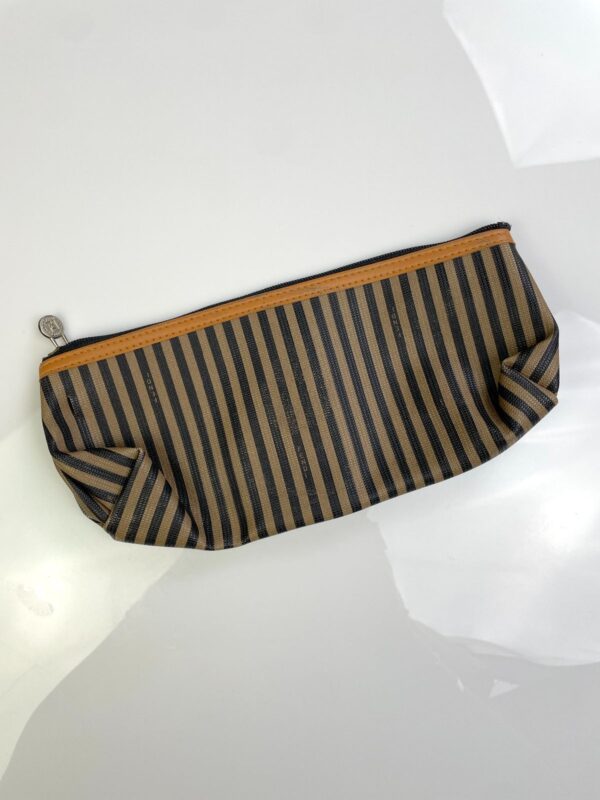 *AS-IS* FENDI ZUCCA STRIPED ZIPPER MAKEUP POUCH, EMBOSSED LEATHER LOGO & GOLD LOCK ZIPPER PULL