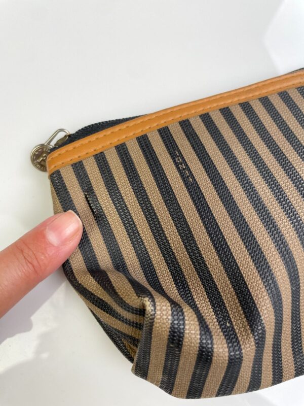 *AS-IS* FENDI ZUCCA STRIPED ZIPPER MAKEUP POUCH, EMBOSSED LEATHER LOGO & GOLD LOCK ZIPPER PULL