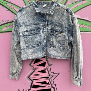 Photo detail:*AS-IS* 1980S CROPPED ACID WASH LIGHT WEIGHT DENIM JACKET, ZIPPER DETAILS