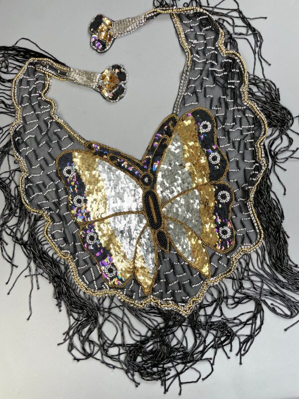 GORGEOUS!!! 1980S-90S SHEER MESH BUTTERFLY SEQUIN & BEADED SHAWL