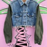 AS-IS REWORKED! CROPPED & DISTRESSED STONEWASH DENIM JACKET, OLIVE DENIM SLEEVES