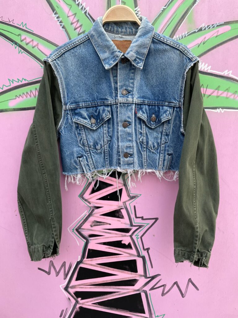 AS-IS REWORKED! CROPPED & DISTRESSED STONEWASH DENIM JACKET, OLIVE DENIM SLEEVES