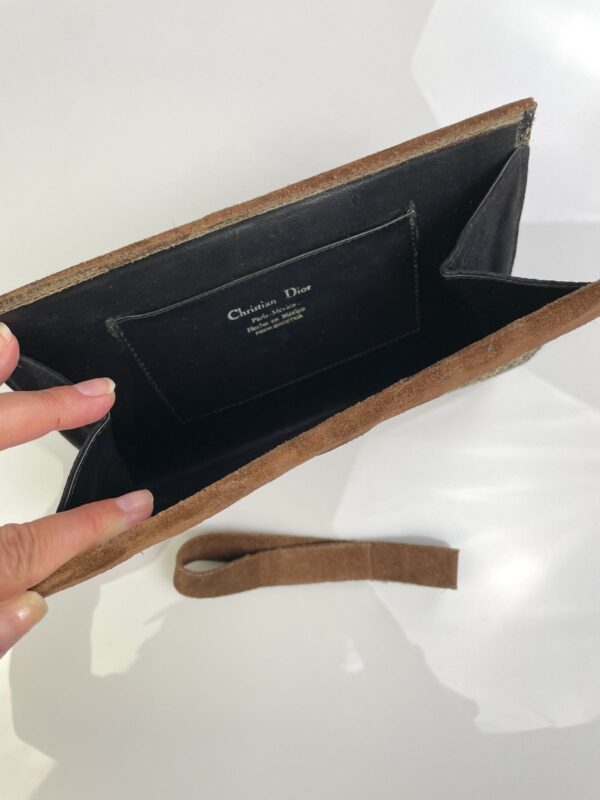 RETRO SUEDE & GOLD LUREX JACQUARD MONOGRAM CLUTCH W/ LEATHER INTERIOR & REMOVABLE SUEDE BAND - MADE IN MEXICO