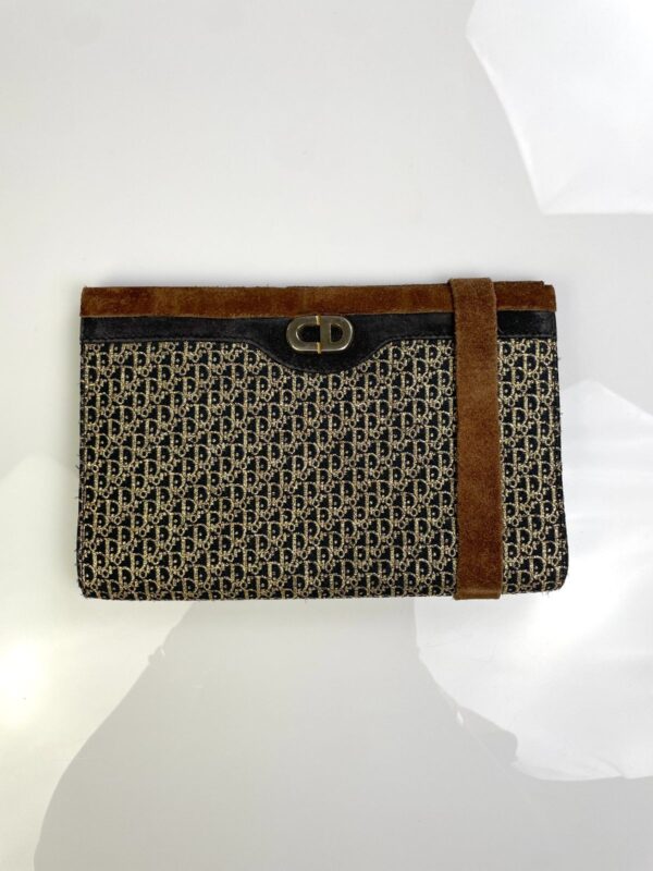 RETRO SUEDE & GOLD LUREX JACQUARD MONOGRAM CLUTCH W/ LEATHER INTERIOR & REMOVABLE SUEDE BAND - MADE IN MEXICO