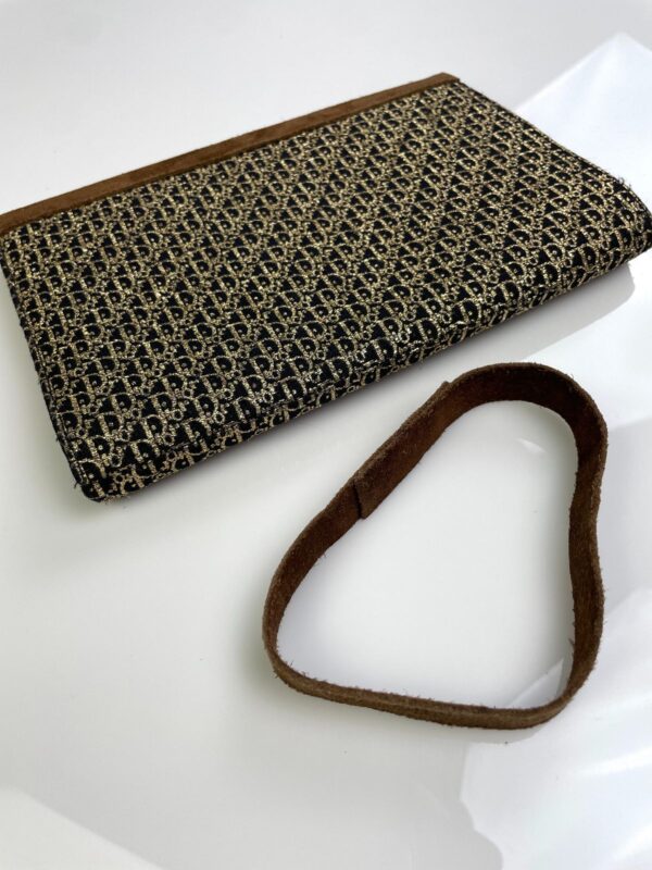 RETRO SUEDE & GOLD LUREX JACQUARD MONOGRAM CLUTCH W/ LEATHER INTERIOR & REMOVABLE SUEDE BAND - MADE IN MEXICO