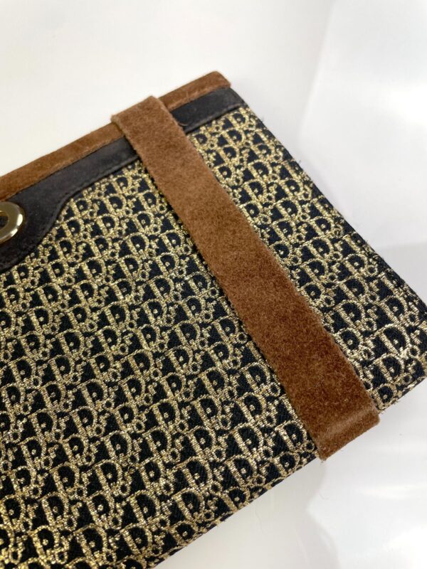 RETRO SUEDE & GOLD LUREX JACQUARD MONOGRAM CLUTCH W/ LEATHER INTERIOR & REMOVABLE SUEDE BAND - MADE IN MEXICO