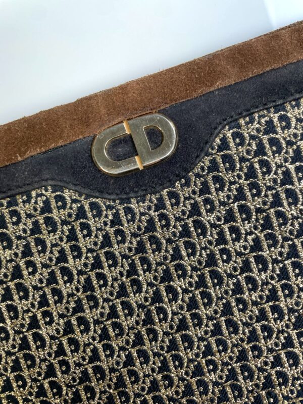 RETRO SUEDE & GOLD LUREX JACQUARD MONOGRAM CLUTCH W/ LEATHER INTERIOR & REMOVABLE SUEDE BAND - MADE IN MEXICO