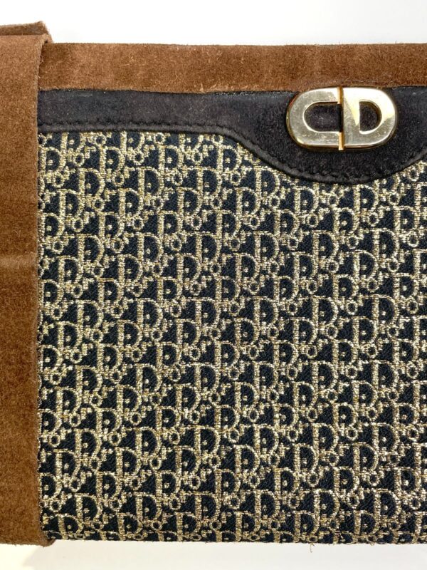RETRO SUEDE & GOLD LUREX JACQUARD MONOGRAM CLUTCH W/ LEATHER INTERIOR & REMOVABLE SUEDE BAND - MADE IN MEXICO