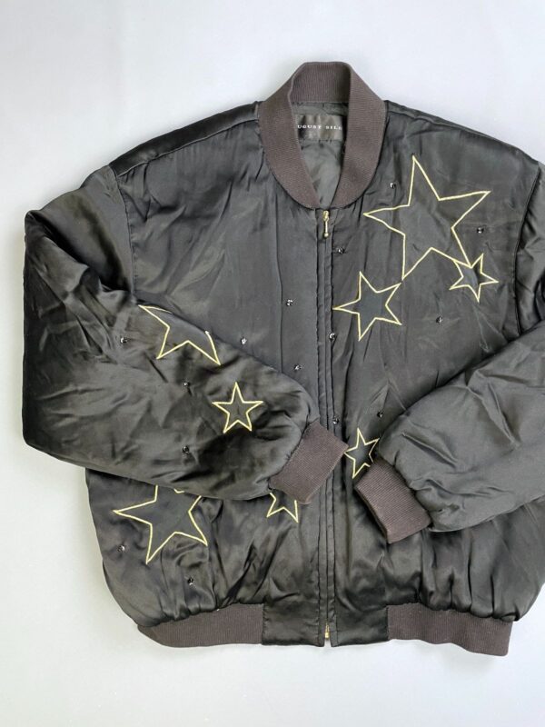 1980S-90S 100% SILK EMBROIDERED STARS & RHINESTONE ZIP-UP BOMBER JACKET, RIBBED COLLAR & CUFFS