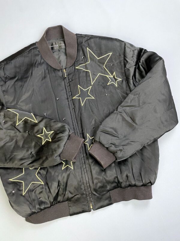 1980S-90S 100% SILK EMBROIDERED STARS & RHINESTONE ZIP-UP BOMBER JACKET, RIBBED COLLAR & CUFFS