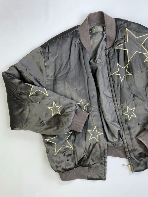 1980S-90S 100% SILK EMBROIDERED STARS & RHINESTONE ZIP-UP BOMBER JACKET, RIBBED COLLAR & CUFFS