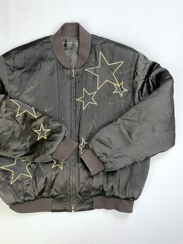 1980S-90S 100% SILK EMBROIDERED STARS & RHINESTONE ZIP-UP BOMBER JACKET, RIBBED COLLAR & CUFFS