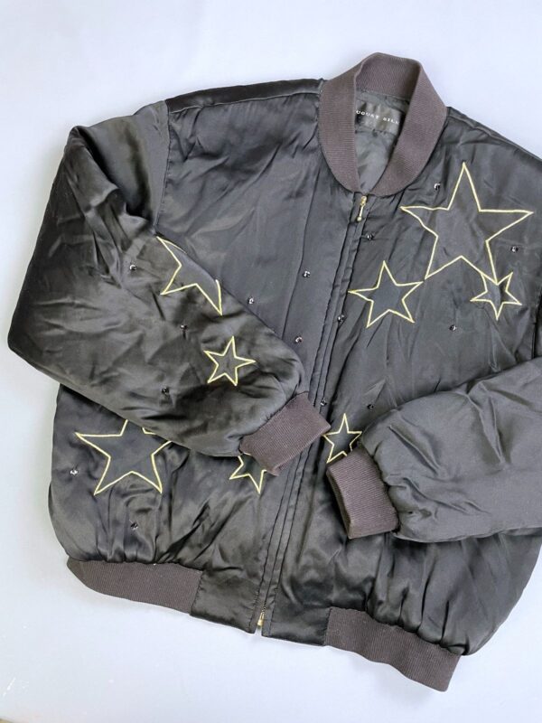 1980S-90S 100% SILK EMBROIDERED STARS & RHINESTONE ZIP-UP BOMBER JACKET, RIBBED COLLAR & CUFFS